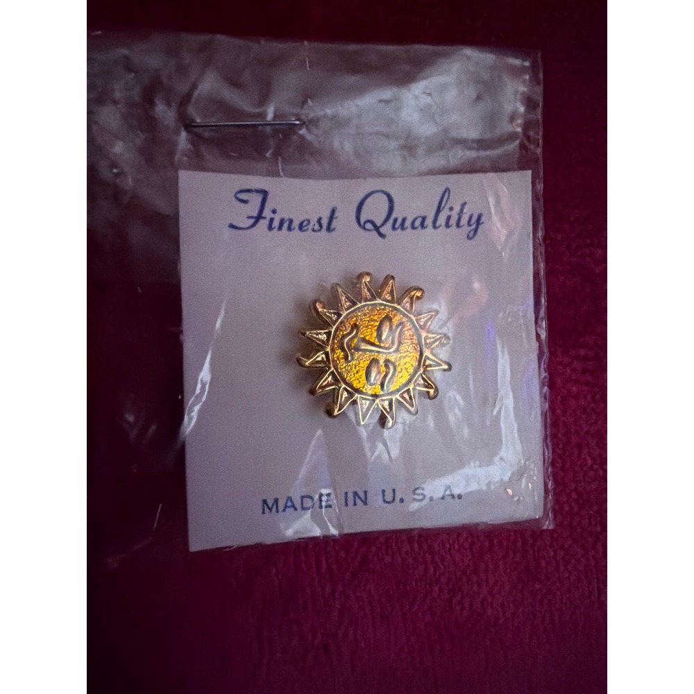 Vintage Celestial Sun Face Lapel Pin Gold Tone Yellow Enamel Made in USA New
